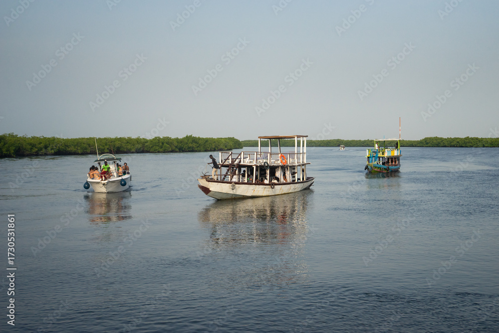 Fototapeta premium Boats sailing on the calm river near mangrove forest on a sunny day