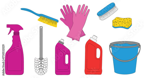 A collection of household cleaning supplies and tools for a tidy home.