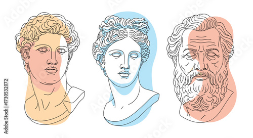 Classical greek and roman sculpture busts with abstract shapes.