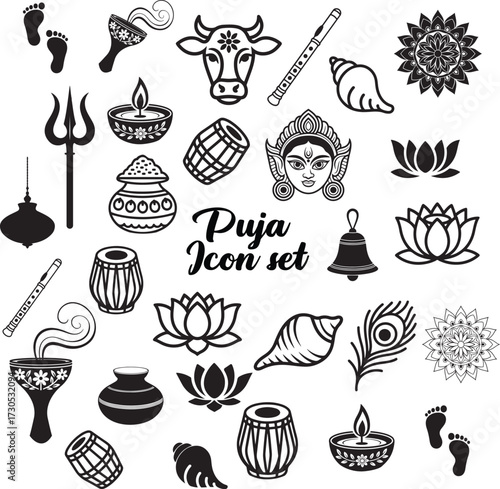 puja icon set indian traditional