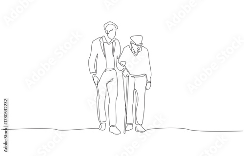 Continuous one line drawing of young man helping elderly man with cane crossing road, symbolizing care, compassion, and intergenerational support, single line art.