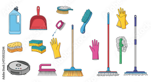 A collection of cleaning supplies and tools for household chores.