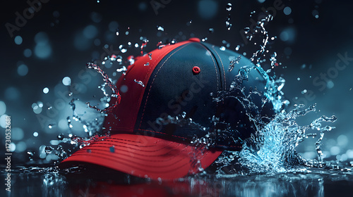 Stylish baseball cap is depicted in a dynamic presentation, submerged in water and surrounded by powerful splashes. Red and navy blue color combination.