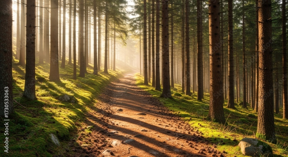Obraz premium Sunlit Trail Through Majestic Evergreen Forest Landscape In Morning