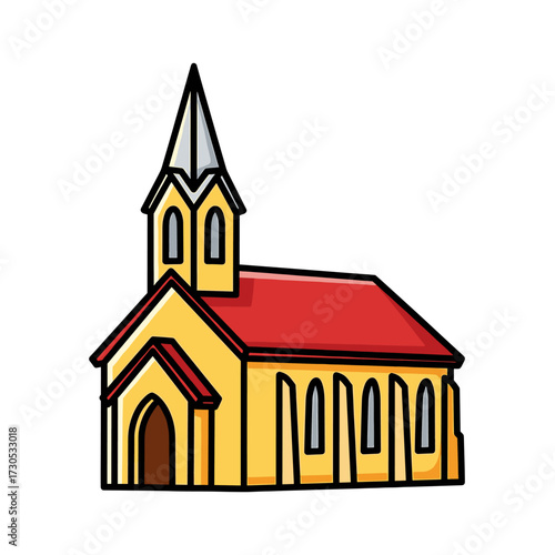 A simple, colorful cartoon illustration of a yellow church with a red roof and a tall steeple.
