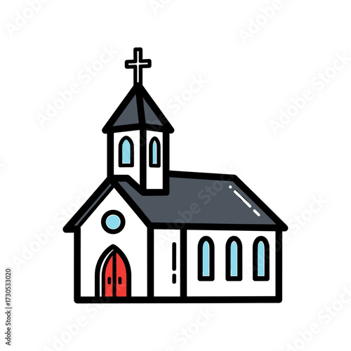 Simple illustration of a church building with a cross on top, red doors, and blue windows.