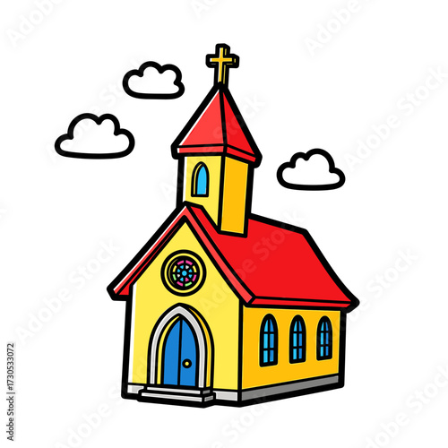 A colorful cartoon illustration of a traditional church with a steeple and cross, set against a white background with simple clouds.