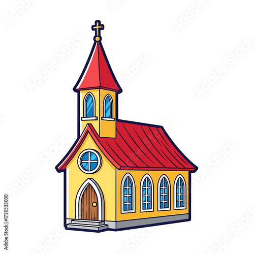 A colorful cartoon illustration of a traditional Christian church with a yellow facade, red roof, and a steeple topped with a cross.