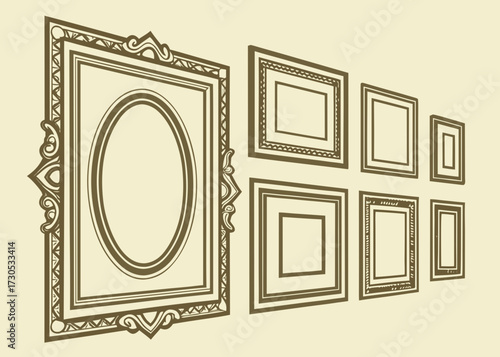Collection of decorative picture frames on a plain background