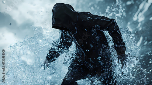 Person in a black hooded coat is powerfully moving through a surging icy water environment. The dramatic scene features a dynamic silhouette and textures of the clothing and water.