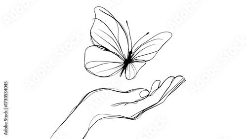 Minimalist sketch of a hand releasing a butterfly in flight  