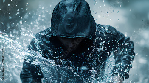 Person, enveloped in a dark hooded jacket, is positioned within a forceful display of water splashes. The image evokes a sense of movement and power.