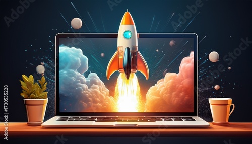 Wallpaper Mural a rocket launching from a laptop computer with the words ai agents symbolizing agentic autonomy and the future growth of automation through copilot chatbots and autonomous bot technology Torontodigital.ca