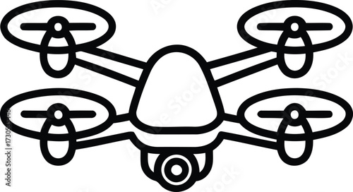 Black outline icon of a quadcopter drone with camera