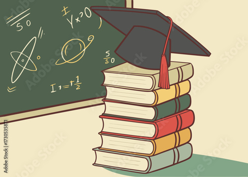 Graduation cap on stack of books before a chalkboard with math equations