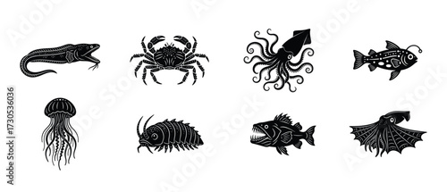 Monochrome vector set of mysterious deep sea monsters and marine animals in a vintage engraving style icon collection