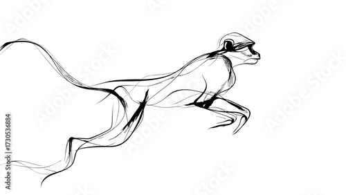 Running monkey in dynamic motion with fluid line art style, transparent background  