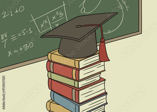 Graduation cap on stack of books before a chalkboard with math equations