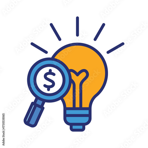Magnifying glass, dollar sign, and lightbulb symbolize financial inquiry. Ideal for finance blogs, market research articles, and investment concepts.