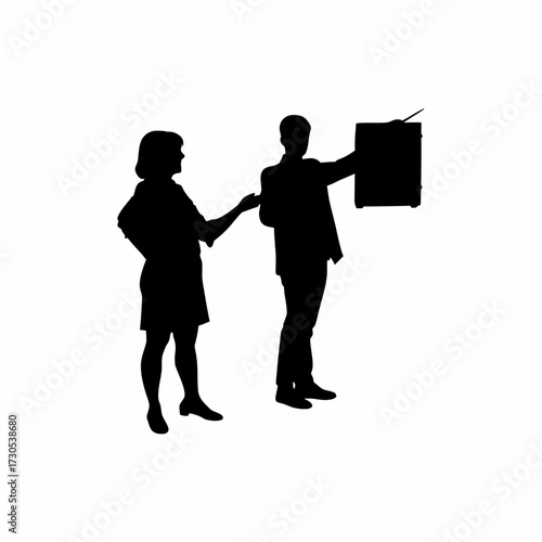 Silhouette of technologist teaching teacher with projector isolated on white background