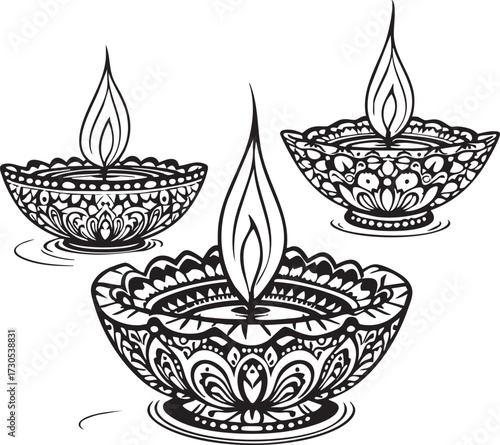 Ornate Diwali diya illustration in black and white, decorative oil lamps with floral motifs and ripple effects for festive themes
