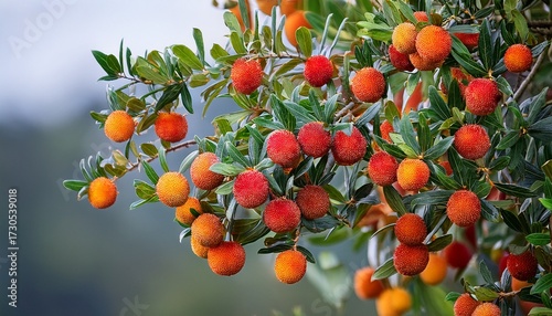 fruiting arbutus unedo tree with red and orange berries