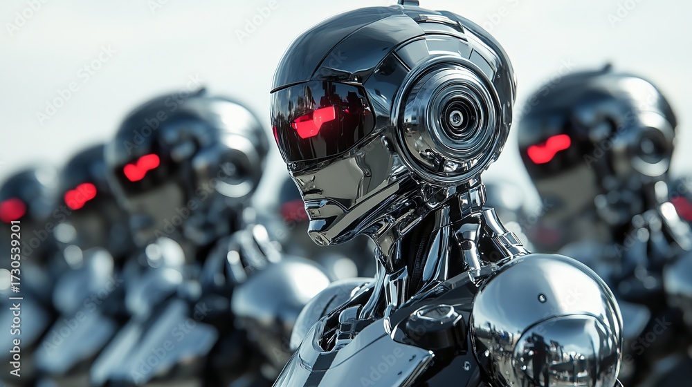 Fototapeta premium Robots are standing in formation displaying reflective metallic surfaces and glowing red eye visors against a neutral background.