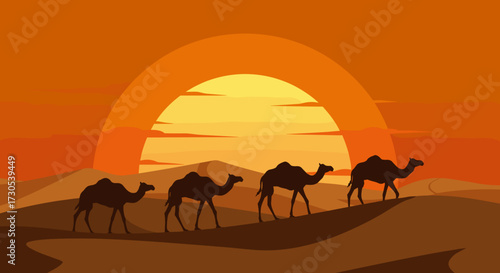 Camels walking in silhouette across desert at sunset  
