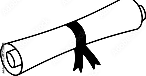 a diploma scroll tied with a ribbon, black and white illustration, minimalist design, simple vector graphics
