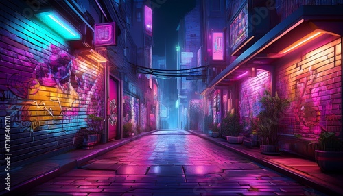 neon lit alleyway graffiti wall night city urban backdrop game background