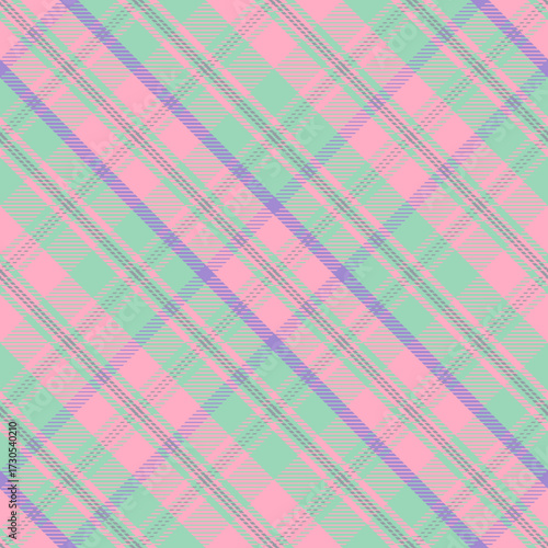 Soft pastel plaid pattern in pink, mint green, and lavender with diagonal lines. Ideal for baby clothes, paper crafts, textiles, and gentle digital backgrounds. Vector illustration.
