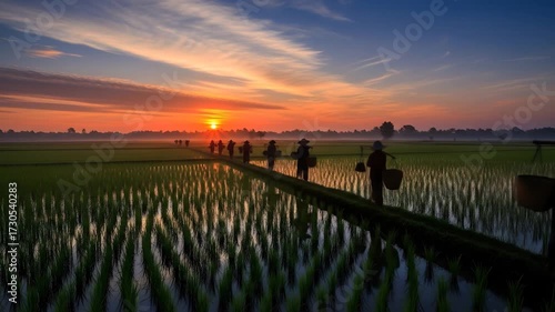 Farmers walking through rice paddies at sunrise beautiful agricultural landscape.