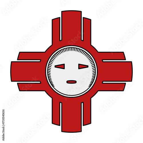 Original Zia Sun symbol. Red solar sign with four sunbeams in cardinal directions, and template for the symbol on the flag of New Mexico. Originally depicted on pottery of the indigenous Zia people.