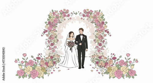 Bride and groom walking under flower arch