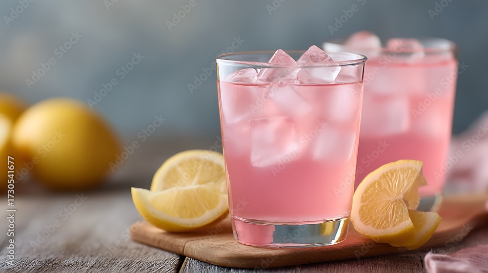 Fototapeta premium Refreshing Pink Lemonade with Ice and Fresh Lemons on Wooden Board