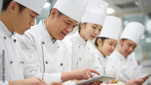 A group of chefs are working together in a kitchen