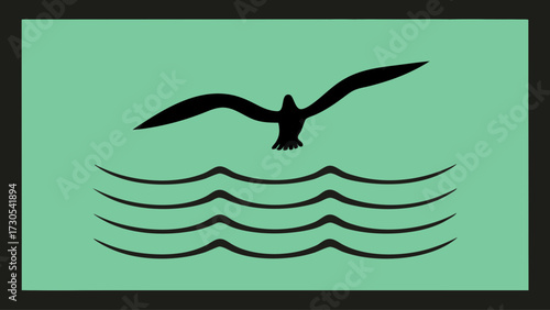 Seagull soaring over gentle waves, simple minimalist design suggesting freedom, peace, and coastal beauty, perfect for travel, nature, or relaxation themes