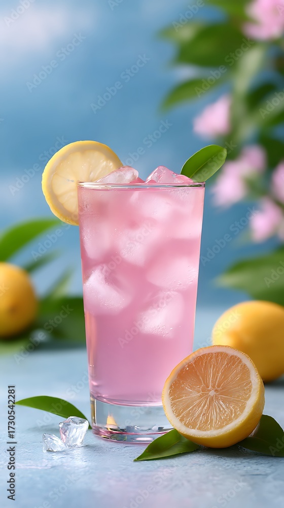 Fototapeta premium Refreshing Pink Lemonade with Lemon Slice and Ice Cubes, Perfect Summer Drink CloseUp