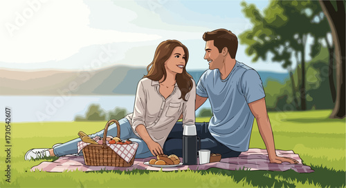 Couple enjoying a picnic by the water