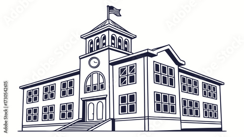 Classic school building with clock tower and american flag