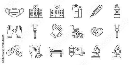 Flat lay of various medical icons and symbols on a clean white background with a minimalist style.