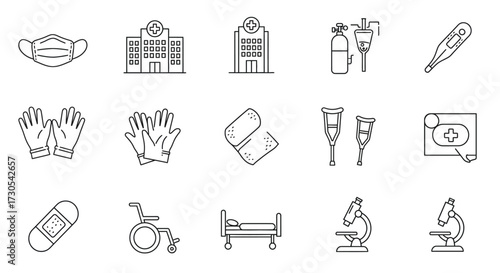 Collection of 16 black line icons depicting various medical and healthcare related objects and symbols on a white background.