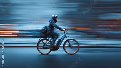 A cyclist rides swiftly on an electric bike, captured in motion against a blurred urban backdrop, emphasizing speed and energy.