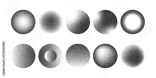 Abstract circles with photocopy grain effect. Vintage noise texture in halftone style. Minimal black and white round shapes for poster, background, and graphic design