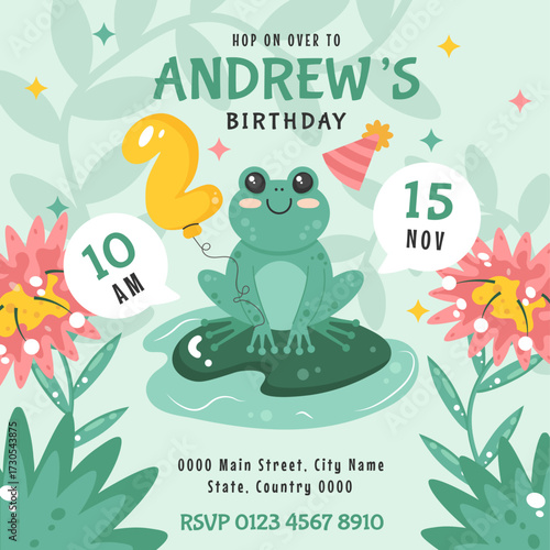 Frog birthday card design for 2nd celebration with balloons