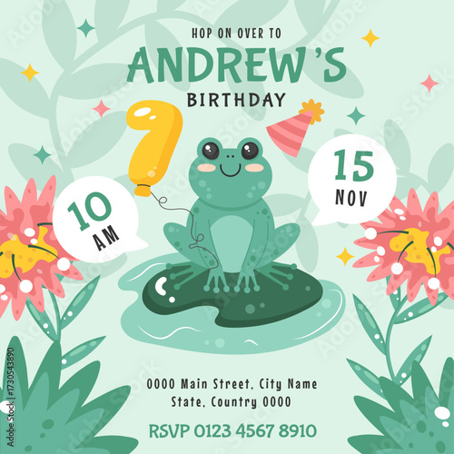 Frog birthday card design for 7th celebration with balloons