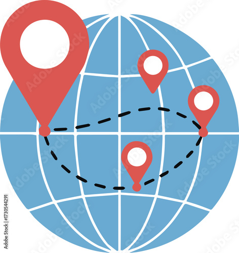 Vector art of globe with location pins indicating various destinations