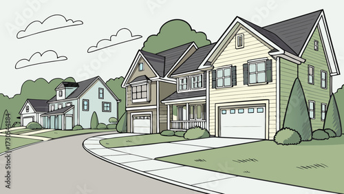 Suburban street with charming houses and greenery
