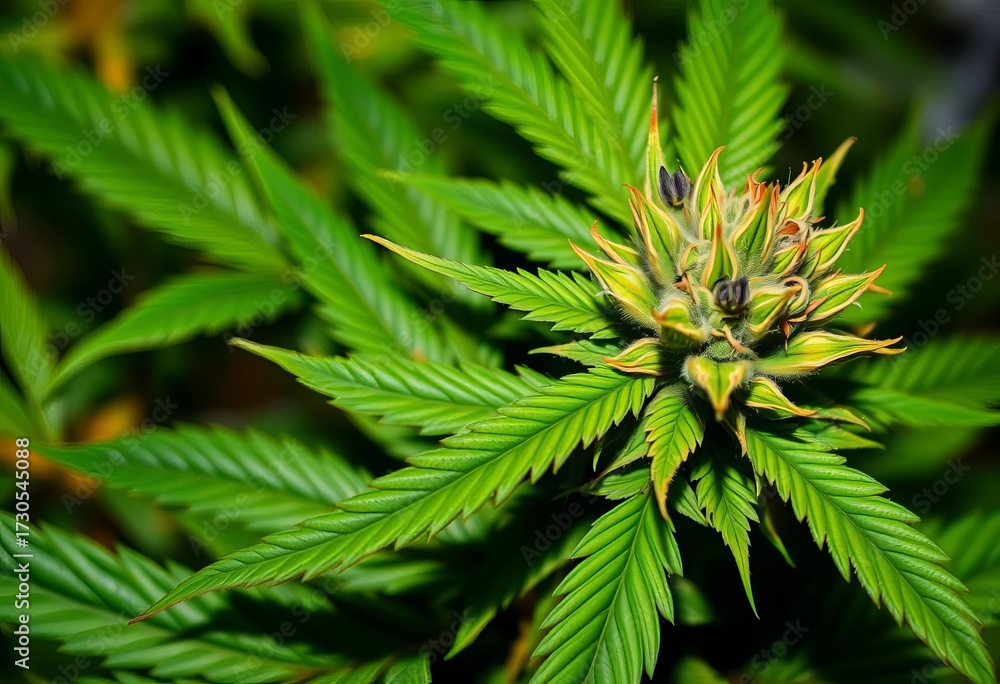 Fototapeta premium Close-up of cannabis plant showing vegetative and flowering stages, weed, plantation