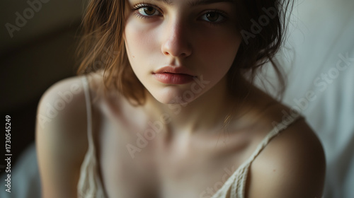 Studio portrait of a young woman captured with soft cinematic light and shallow depth of field, highlighting natural skin texture, subtle beauty, and delicate emotional expression